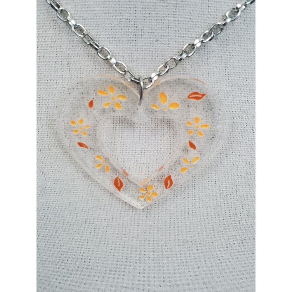 Etched Orange Floral Heart Textured Open Pendant Necklace Silvertone Chain NWOT